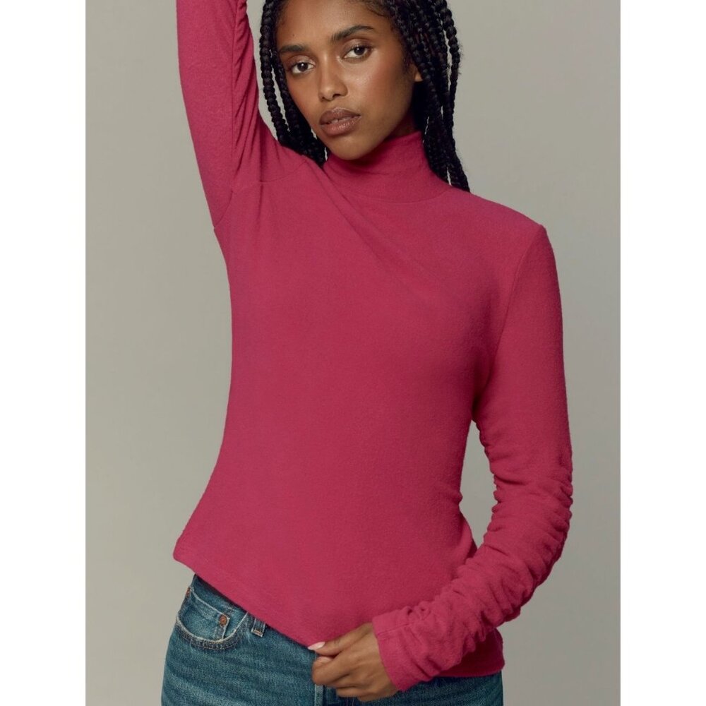 Anthropologie Ruched-Sleeve Turtleneck Top Raspberry Size S Womens Knit Pullover